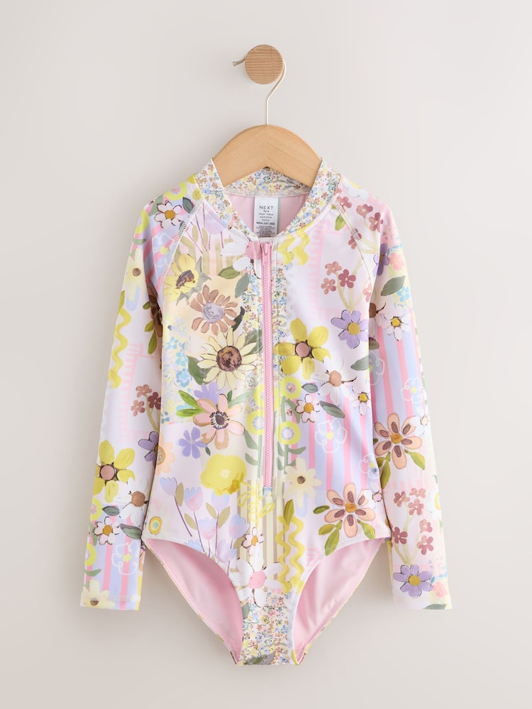 Pink Patchwork Floral Long Sleeve Sunsafe Swimsuit (3mths-16yrs) - Size 3-6 Months (62-68cm)