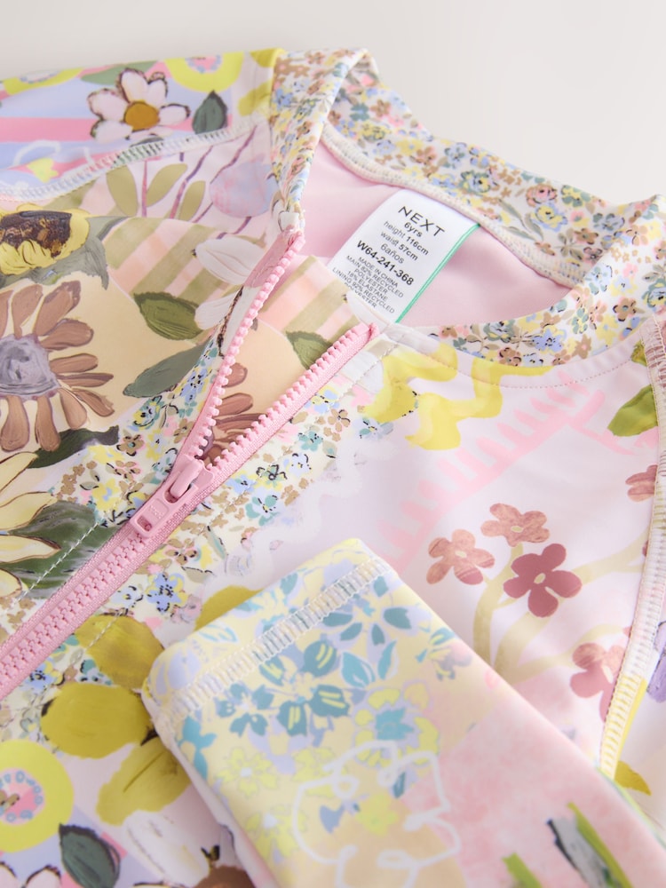 Pink Patchwork Floral Long Sleeve Sunsafe Swimsuit (3mths-16yrs) - Size 3-6 Months (62-68cm)