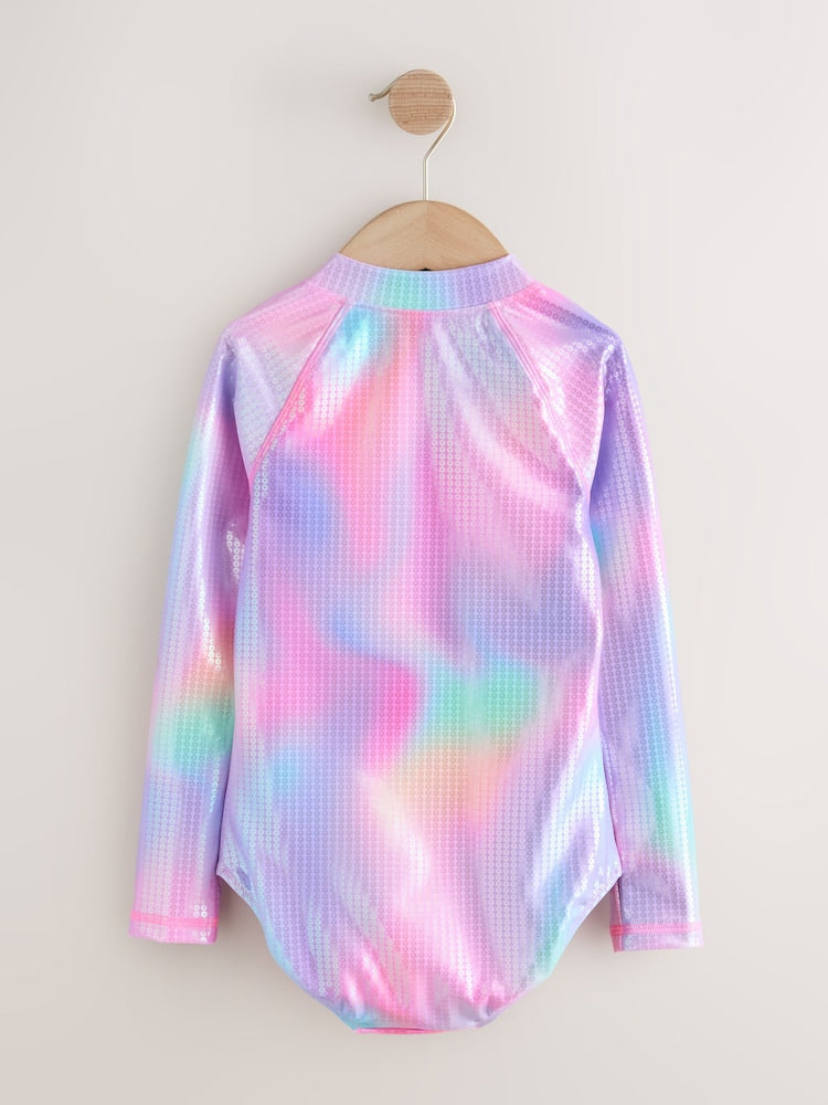 Pink Rainbow Foil Sequin Long Sleeve Sunsafe Swimsuit (3mths-16yrs) - Size 3-6 Months (62-68cm)