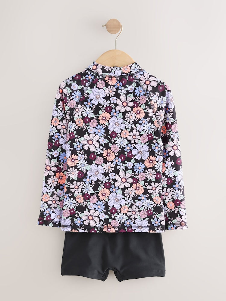 Black Floral Long Sleeve Sunsafe Rash Vest And Shorts Set (3-16yrs) - Size 3 Years (98cm)