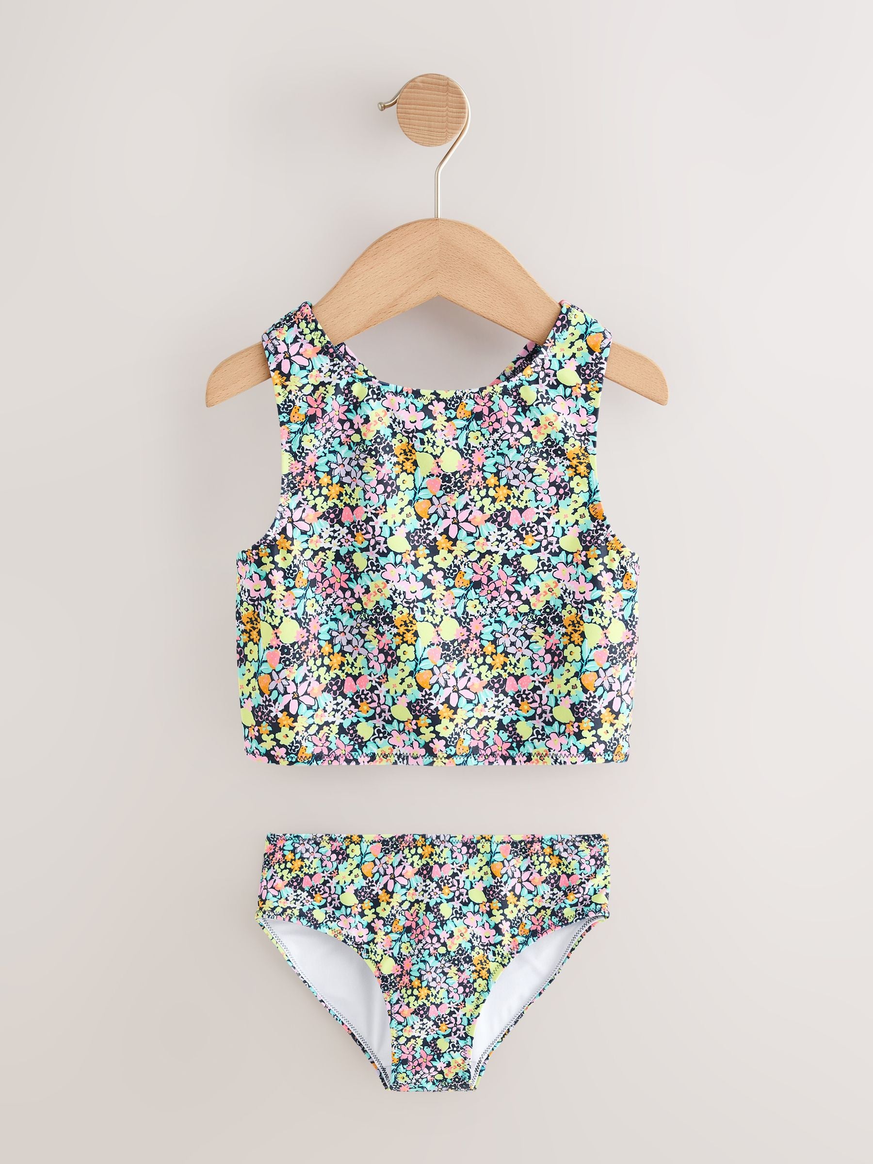Black Ditsy Floral Sunsafe Rash Vest Bikini And Scrunchie Swim Set (3-16yrs) - Size 3 Years (98cm)