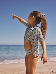 Black Ditsy Floral Sunsafe Rash Vest Bikini And Scrunchie Swim Set (3-16yrs) - Size 3 Years (98cm)