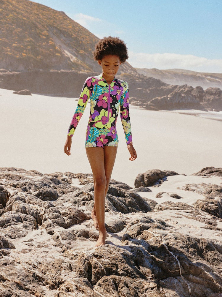 Black Tropical One Piece Short Swimsuit (3-16yrs)