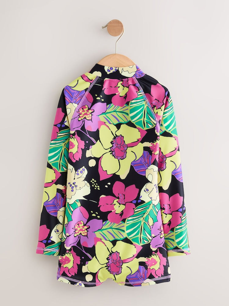 Black Tropical One Piece Short Swimsuit (3-16yrs)
