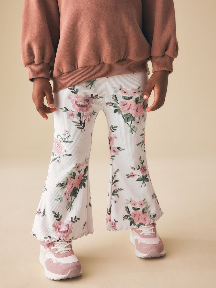 Ecru White Floral Rib Flare Leggings (3mths-7yrs)
