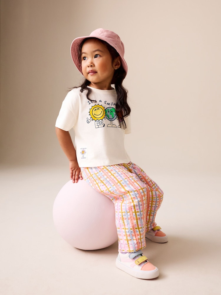 Ecru White Smiley World Short Sleeve Top and Barrel Trousers Set (3mths-7yrs)