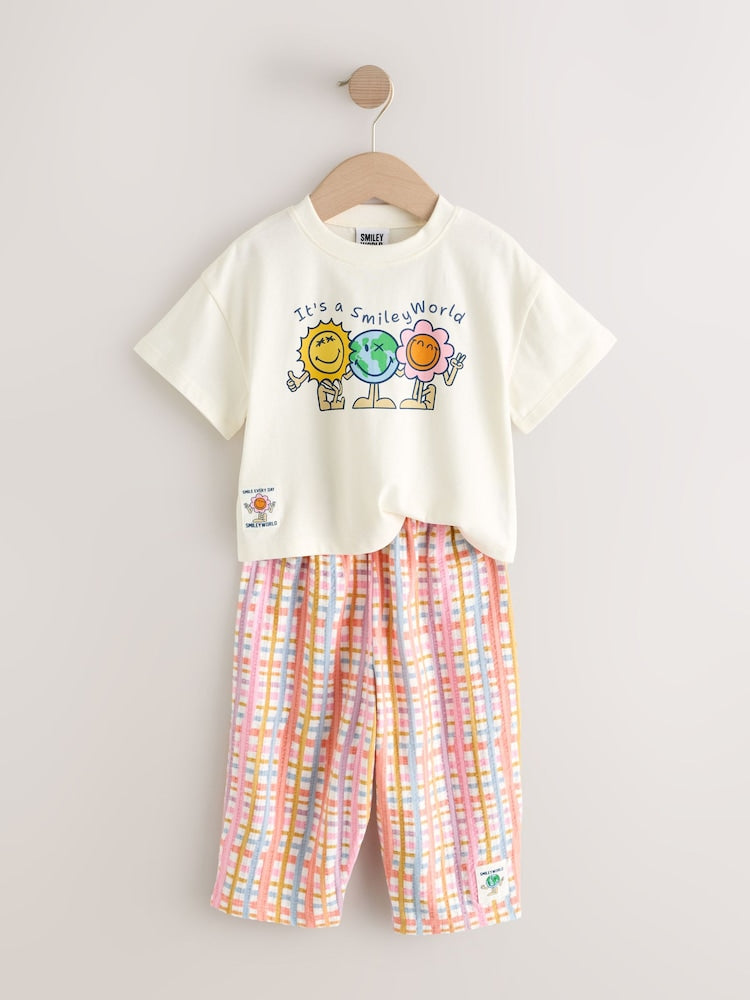 Ecru White Smiley World Short Sleeve Top and Barrel Trousers Set (3mths-7yrs)