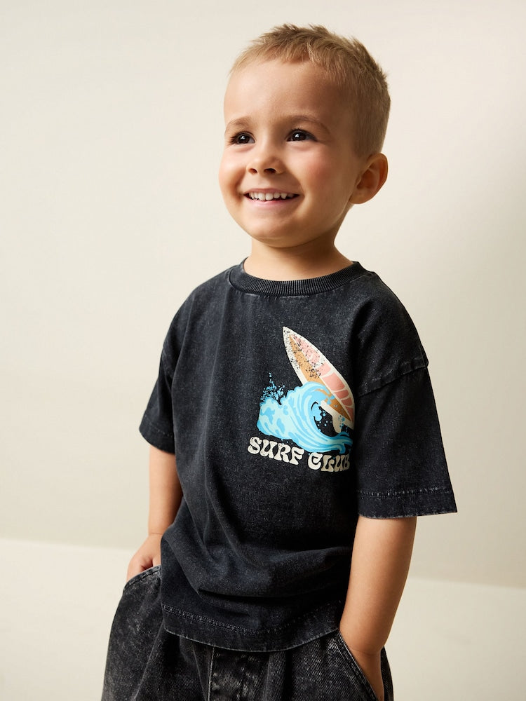 Black Acid Wash Surf Club Oversized Short Sleeve Back Print T-Shirt (3mths-7yrs)