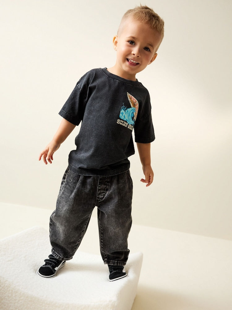 Black Acid Wash Surf Club Oversized Short Sleeve Back Print T-Shirt (3mths-7yrs)