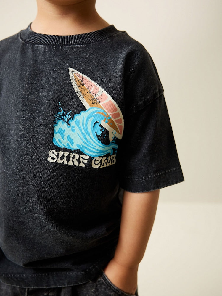 Black Acid Wash Surf Club Oversized Short Sleeve Back Print T-Shirt (3mths-7yrs)