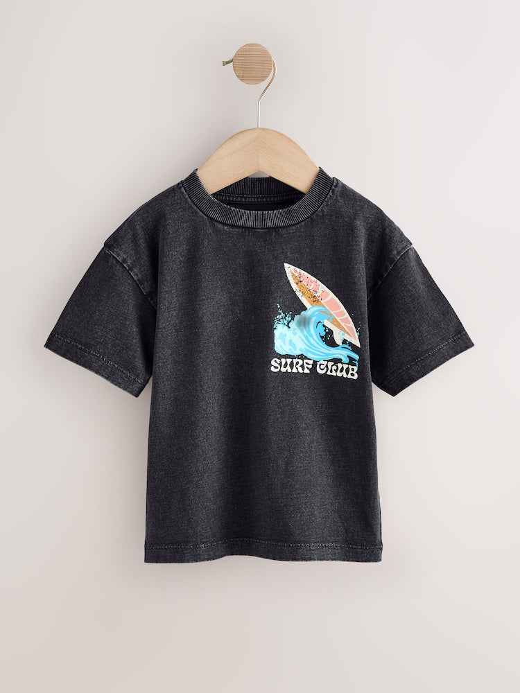 Black Acid Wash Surf Club Oversized Short Sleeve Back Print T-Shirt (3mths-7yrs)