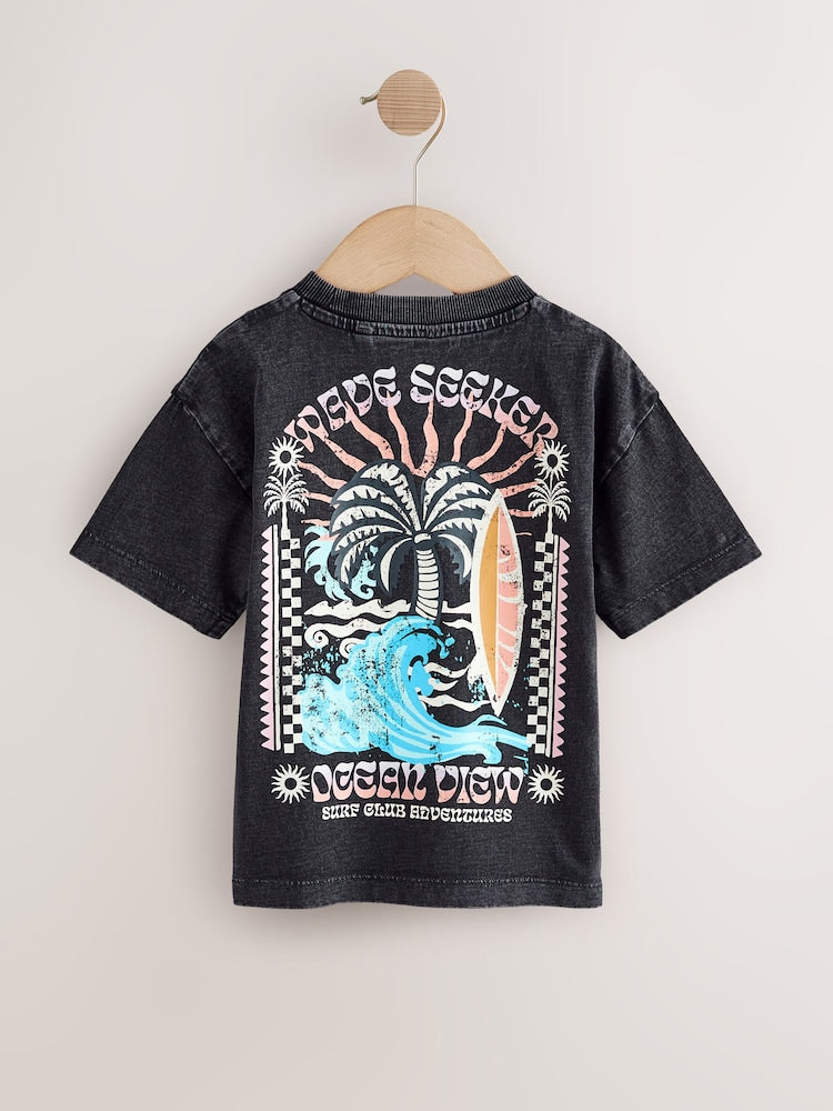 Black Acid Wash Surf Club Oversized Short Sleeve Back Print T-Shirt (3mths-7yrs)