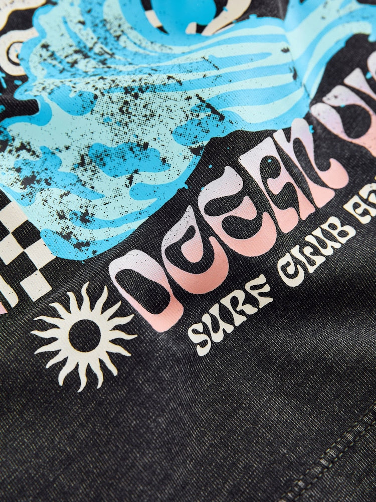 Black Acid Wash Surf Club Oversized Short Sleeve Back Print T-Shirt (3mths-7yrs)