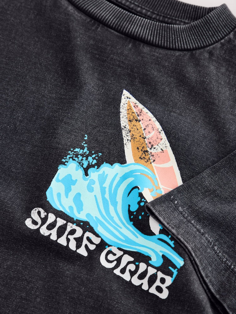 Black Acid Wash Surf Club Oversized Short Sleeve Back Print T-Shirt (3mths-7yrs)