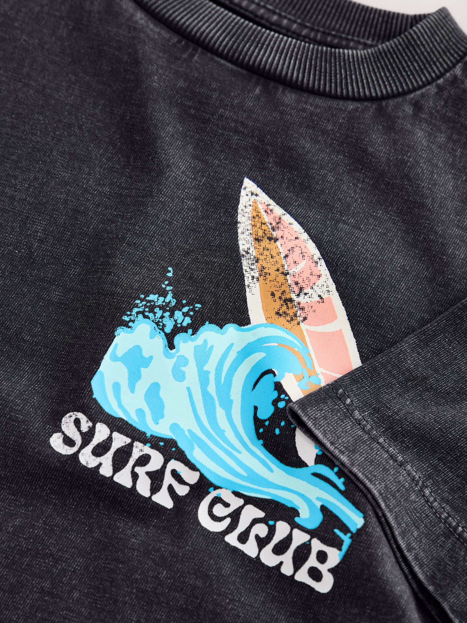 Black Acid Wash Surf Club Oversized Short Sleeve Back Print T-Shirt (3mths-7yrs) - Size 3-6 Months (62-68cm)