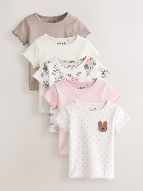 Pink Ribbed Short Sleeve Tops 5 Pack (3mths-7yrs) - Size 3-6 Months (62-68cm)