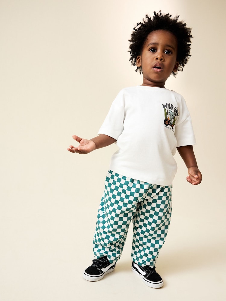 Green/White Checkerboard Single Wide Leg Jersey Joggers (3mths-7yrs)