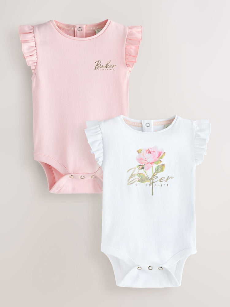 Baker by Ted Baker 2 Pack White/Pink Frill Bodysuits