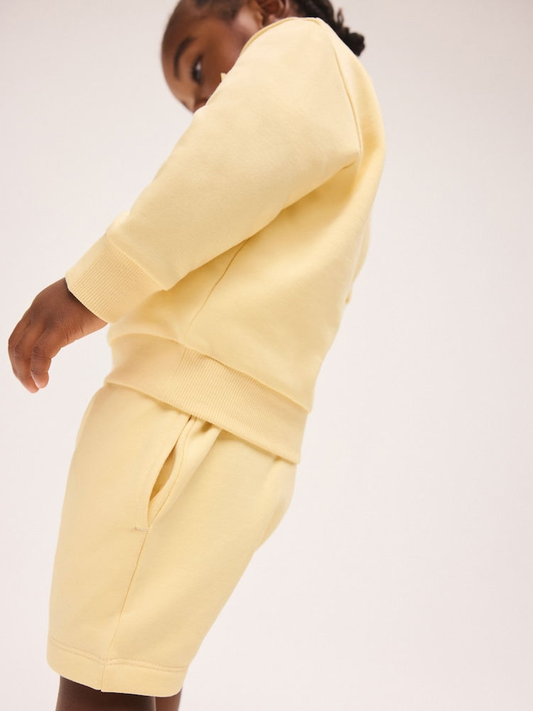 Light Yellow Single Plain Crew Neck Sweatshirt and Shorts Set (3mths-7yrs)