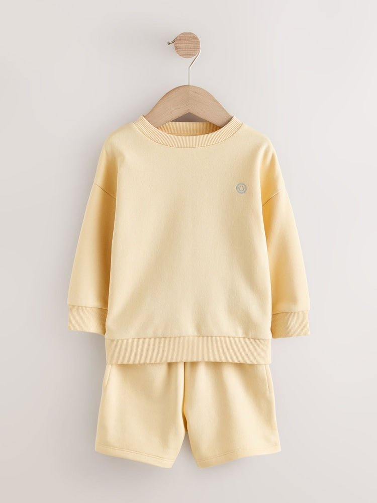 Light Yellow Single Plain Crew Neck Sweatshirt and Shorts Set (3mths-7yrs)