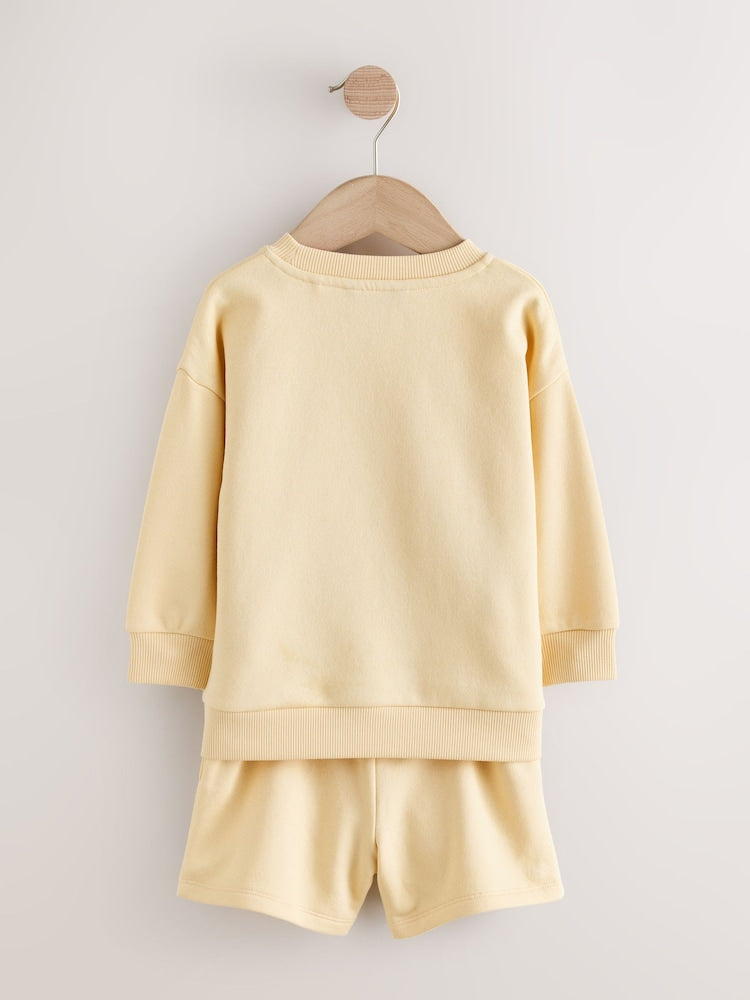 Light Yellow Single Plain Crew Neck Sweatshirt and Shorts Set (3mths-7yrs)