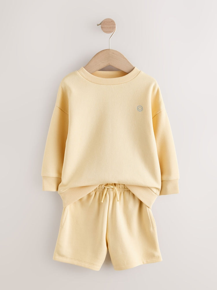Light Yellow Single Plain Crew Neck Sweatshirt and Shorts Set (3mths-7yrs)