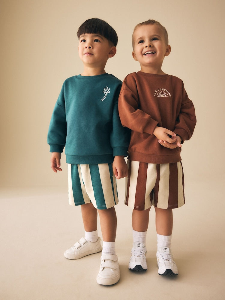 Rust Brown and Teal Crew Neck Sweatshirt and Shorts 2 Pack Set (3mths-7yrs)