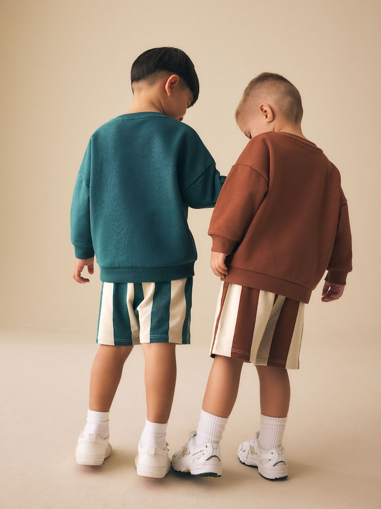 Rust Brown and Teal Crew Neck Sweatshirt and Shorts 2 Pack Set (3mths-7yrs)