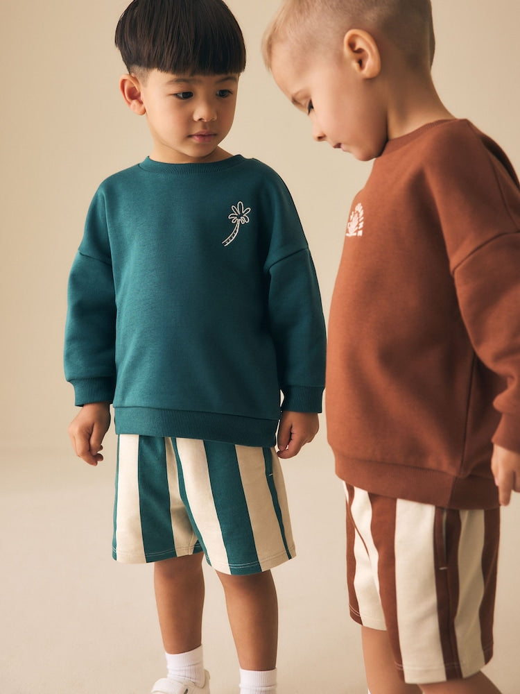 Rust Brown and Teal Crew Neck Sweatshirt and Shorts 2 Pack Set (3mths-7yrs)