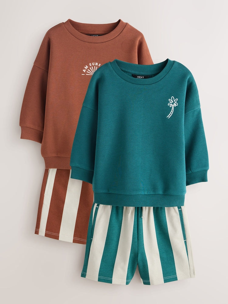 Rust Brown and Teal Crew Neck Sweatshirt and Shorts 2 Pack Set (3mths-7yrs)