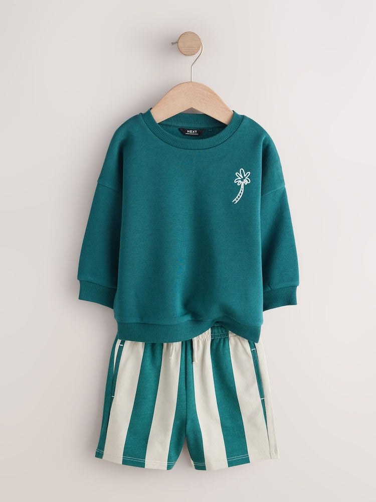 Rust Brown and Teal Crew Neck Sweatshirt and Shorts 2 Pack Set (3mths-7yrs)