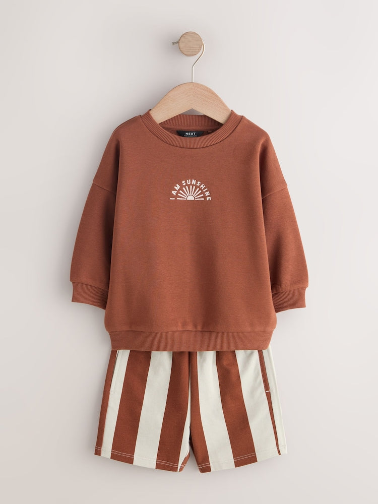 Rust Brown and Teal Crew Neck Sweatshirt and Shorts 2 Pack Set (3mths-7yrs)