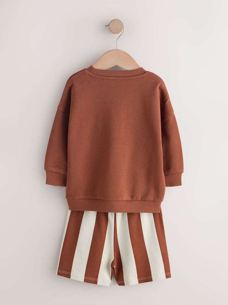 Rust Brown and Teal Crew Neck Sweatshirt and Shorts 2 Pack Set (3mths-7yrs)