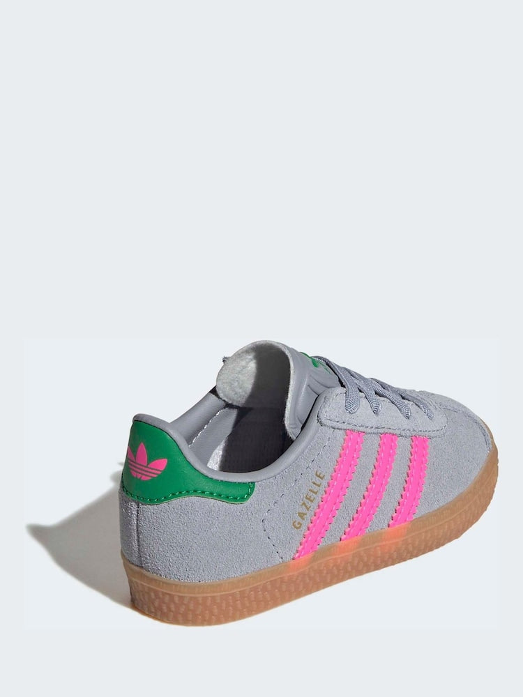 adidas Originals Grey/Pink Gazelle Comfort Closure Elastic Laces Infant Trainers
