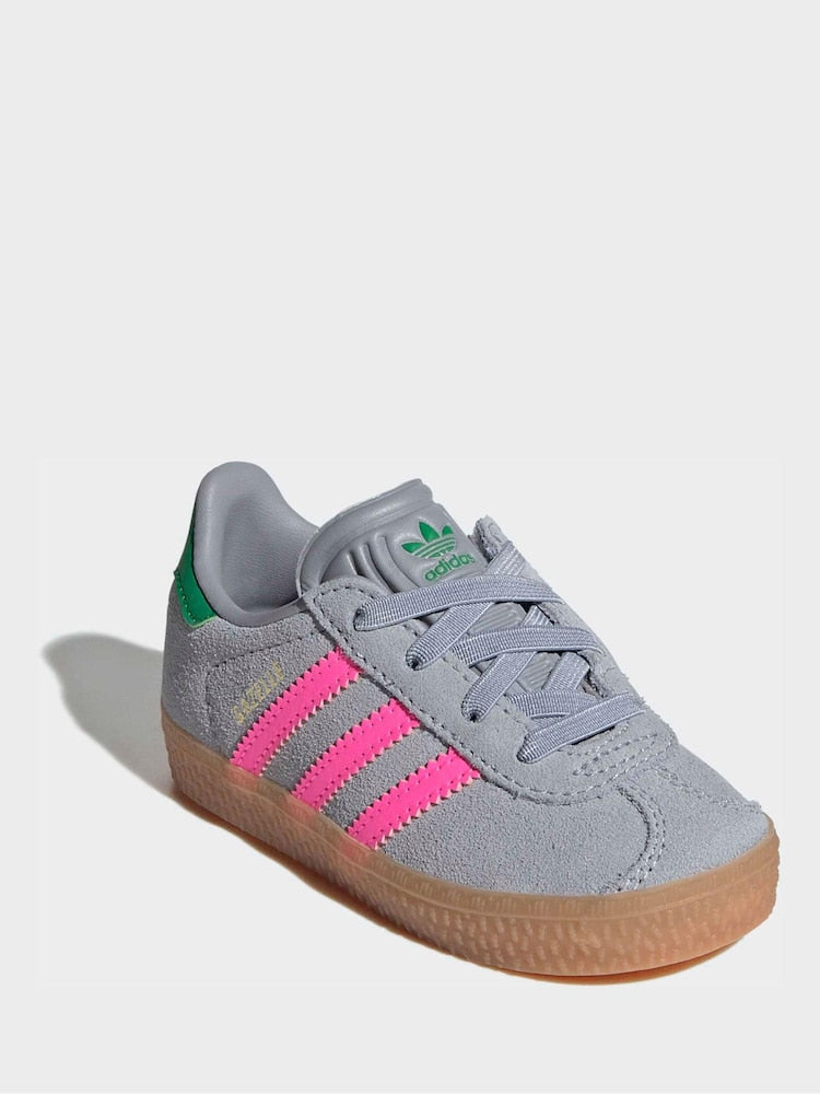 adidas Originals Grey/Pink Gazelle Comfort Closure Elastic Laces Infant Trainers