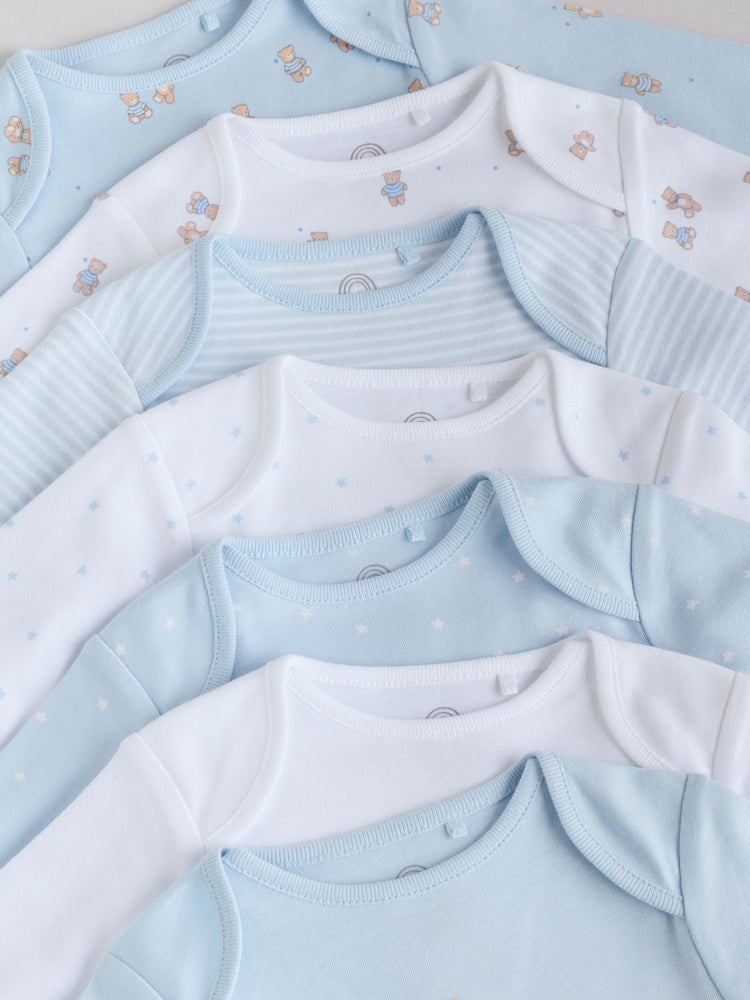 Blue 7 Pack Long Sleeved Baby Bear Bodysuit