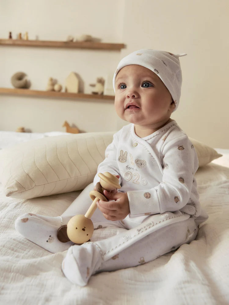 White Born in 2026 Baby Sleepsuit & Hat Set (0-9mths)