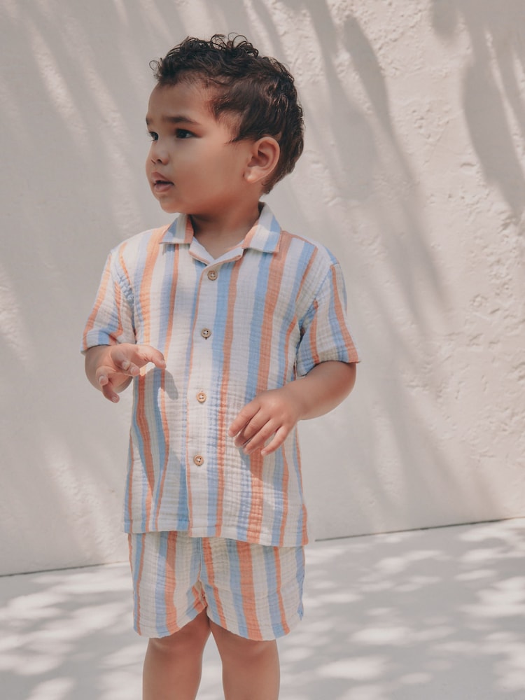 Blue/Orange Stripe Short Sleeve Double Cloth Shirt & Shorts Set (3mths-10yrs)