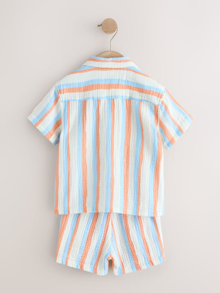 Blue/Orange Stripe Short Sleeve Double Cloth Shirt & Shorts Set (3mths-10yrs)