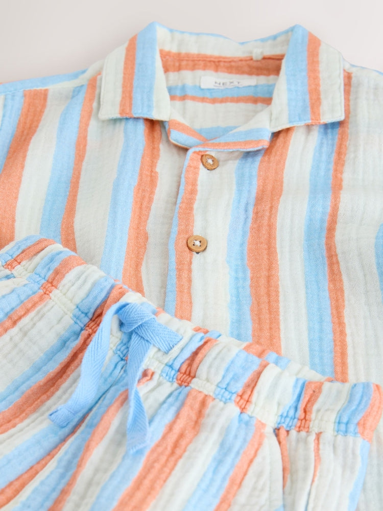 Blue/Orange Stripe Short Sleeve Double Cloth Shirt & Shorts Set (3mths-10yrs)