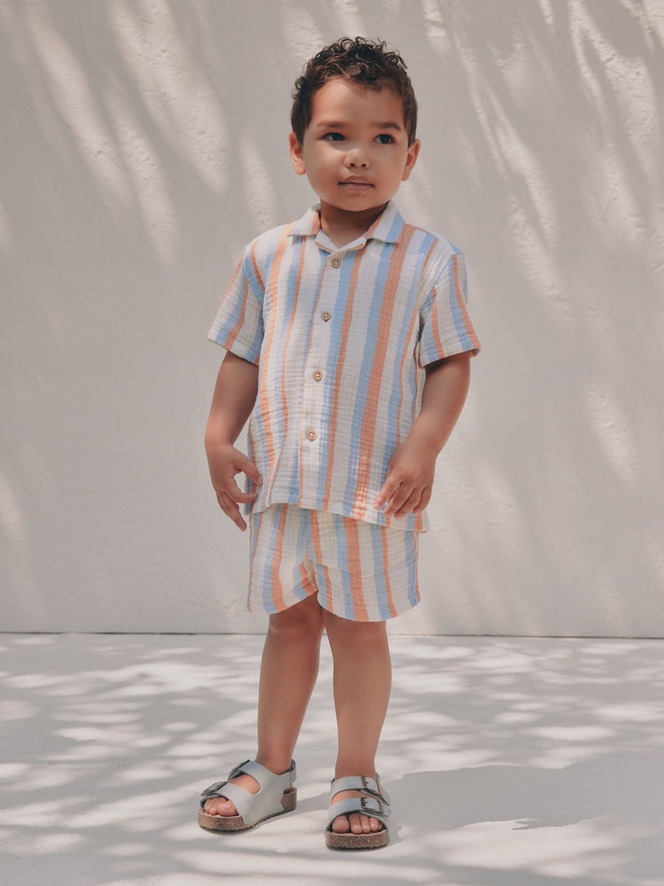 Blue/Orange Stripe Short Sleeve Double Cloth Shirt & Shorts Set (3mths-10yrs)
