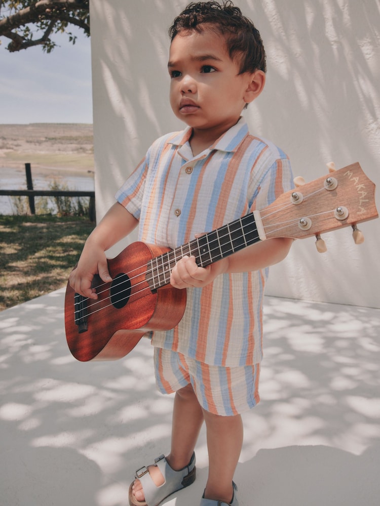 Blue/Orange Stripe Short Sleeve Double Cloth Shirt & Shorts Set (3mths-10yrs)