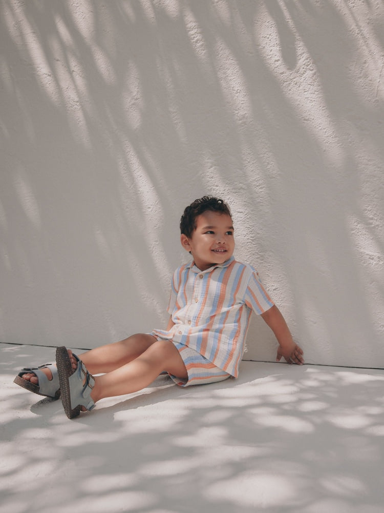 Blue/Orange Stripe Short Sleeve Double Cloth Shirt & Shorts Set (3mths-10yrs)