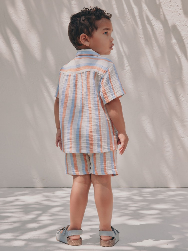Blue/Orange Stripe Short Sleeve Double Cloth Shirt & Shorts Set (3mths-10yrs)