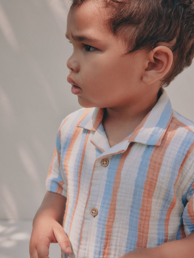 Blue/Orange Stripe Short Sleeve Double Cloth Shirt & Shorts Set (3mths-10yrs)