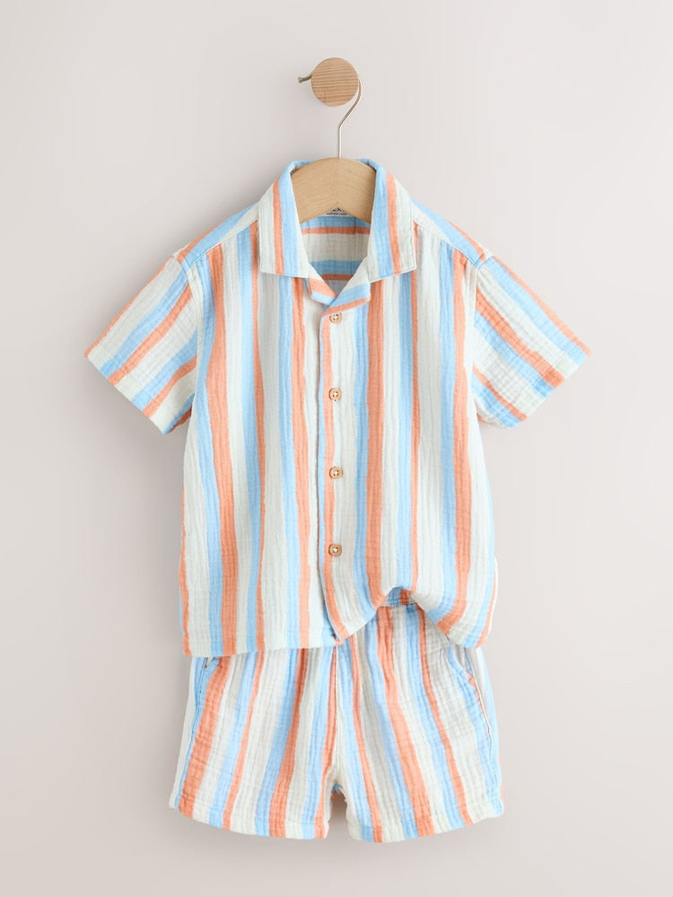 Blue/Orange Stripe Short Sleeve Double Cloth Shirt & Shorts Set (3mths-10yrs)