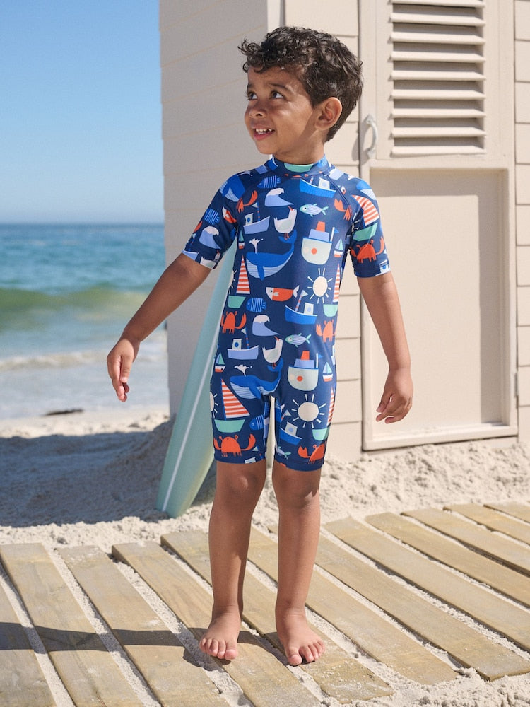 Navy Nautical Sunsafe All-In-One Swimsuit (3mths-7yrs) - Size 3-6 Months (62-68cm) - Navy Nautical Sunsafe All-In-One
