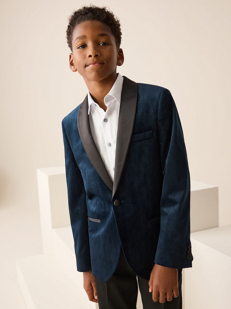 Navy Blue Textured Velvet Blazer (3-16yrs)