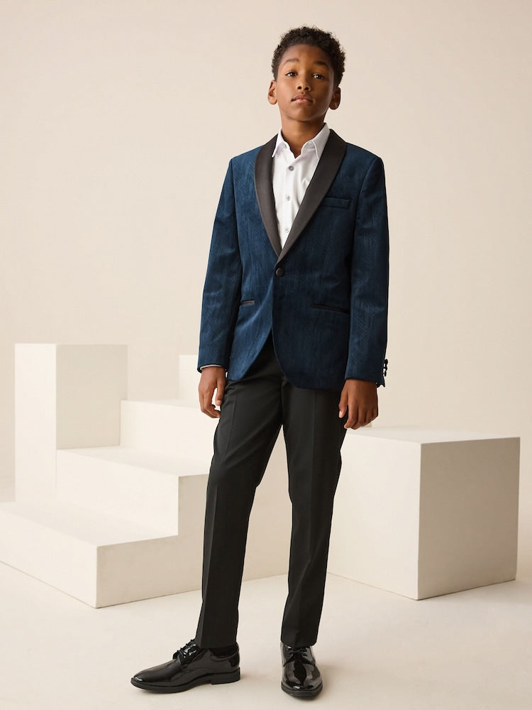 Navy Blue Textured Velvet Blazer (3-16yrs)