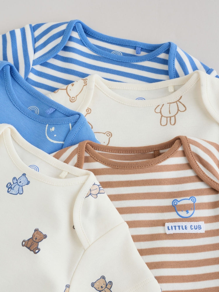 Blue/Ecru Bear Short Sleeve Baby Bodysuits 5 Pack